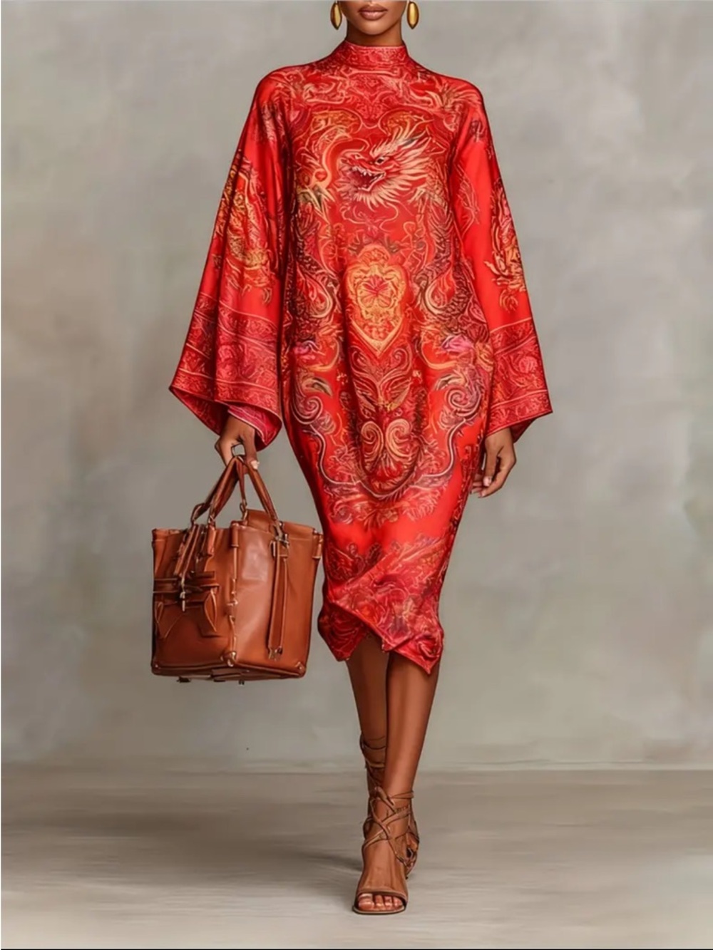 Vibrant Red Dragon-Print Midi Dress
